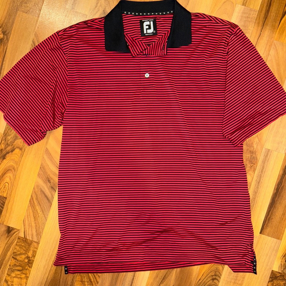 FootJoy Prodry Lisle Golf‎ Polo Shirt Mens Large Red Black Striped FJ Logo sport